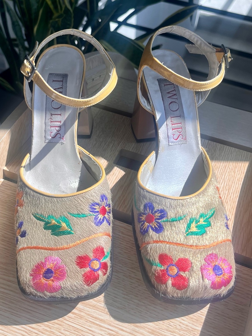 Vintage Two Lips Pony Hair Floral Embroidered Ankle-Strap Block Heels In US 6.5
